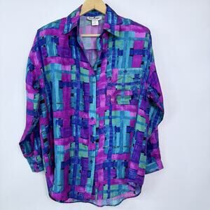 Vintage Jeri Marque Silk Button Up Top Medium Oversized Abstract Artsy Colorful